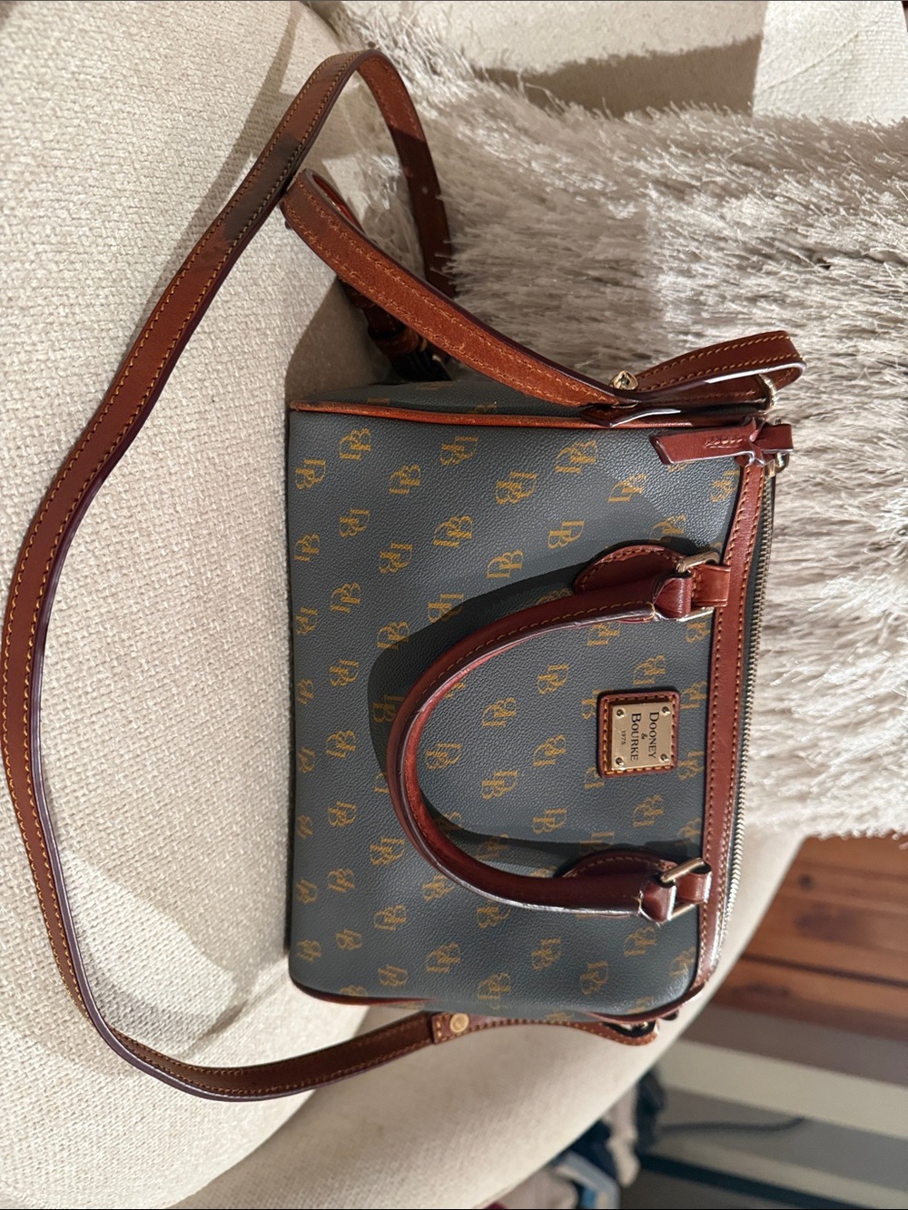 Dooney & Bourke Blue Logo Satchel with Brown Leather Trim